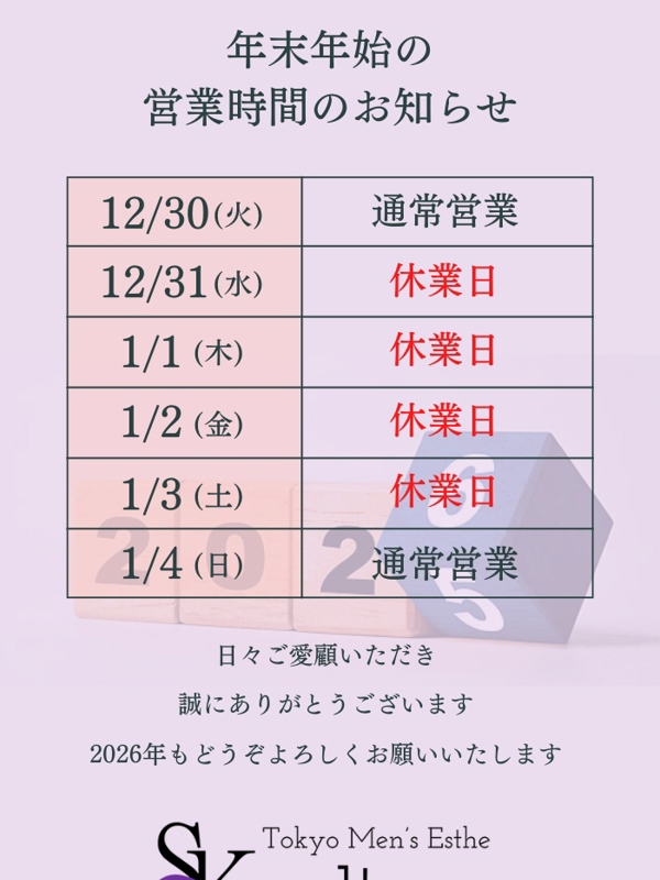 東京 a laise(アレイズ)SK 中野ルーム|年末年始のお知らせ